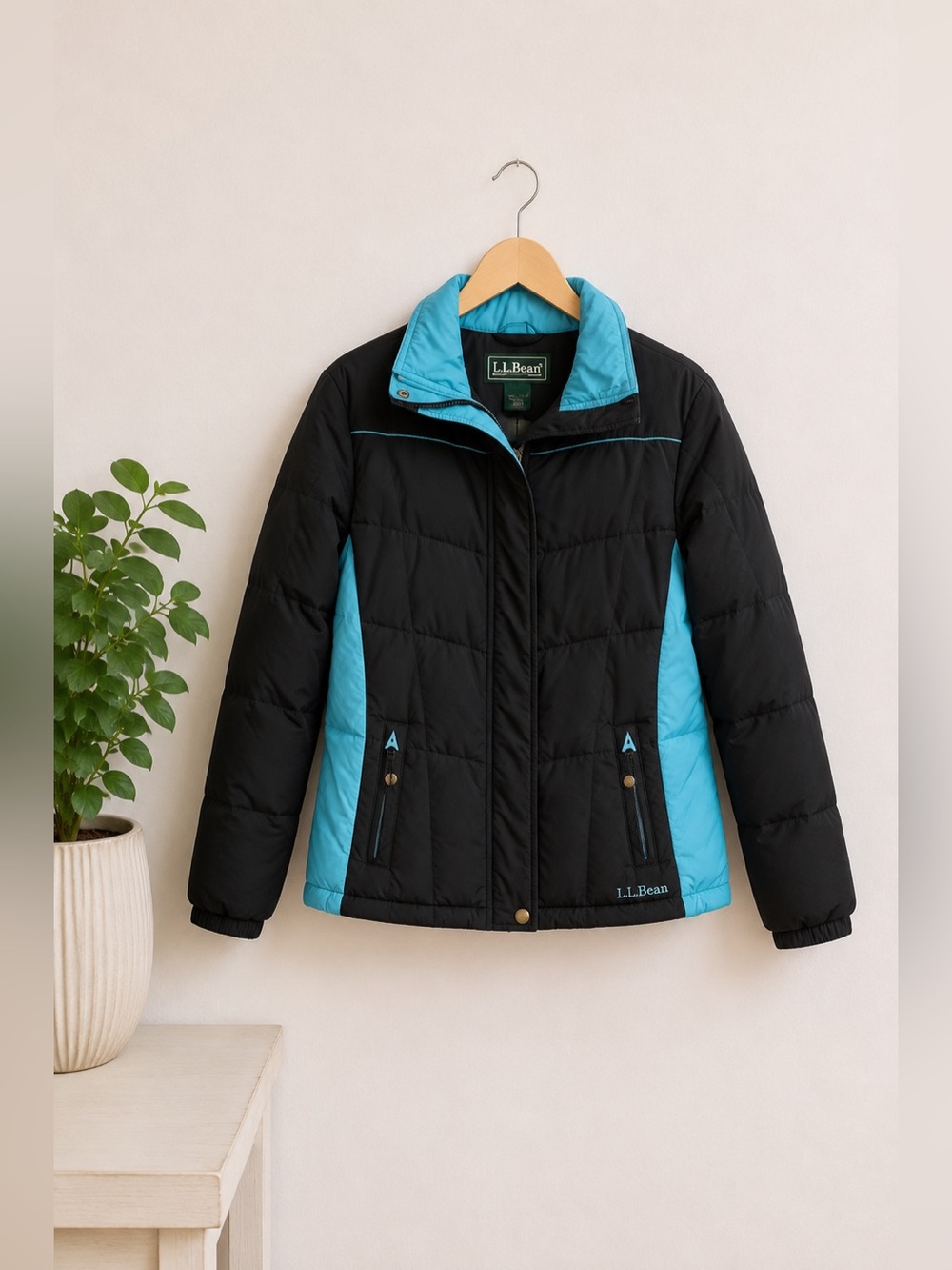 Vintage L.L. Bean Women's Down‎ Ski Puffer Jacket Black Turquoise Trim Sz S